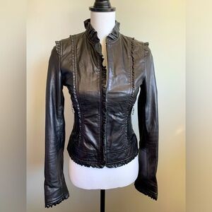 Kenna T Leather Ruffle Moto Jacket - Black, Size XS